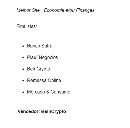 BeInCrypto triunfa en los Brazil Publisher Awards 2025