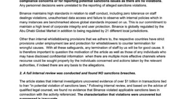 Binance negó reportes sobre violaciones de sanciones relacionadas con Irán y el despido de investigadores Binance negó reportes sobre violaciones de sanciones relacionadas con Irán y el despido de investigadores